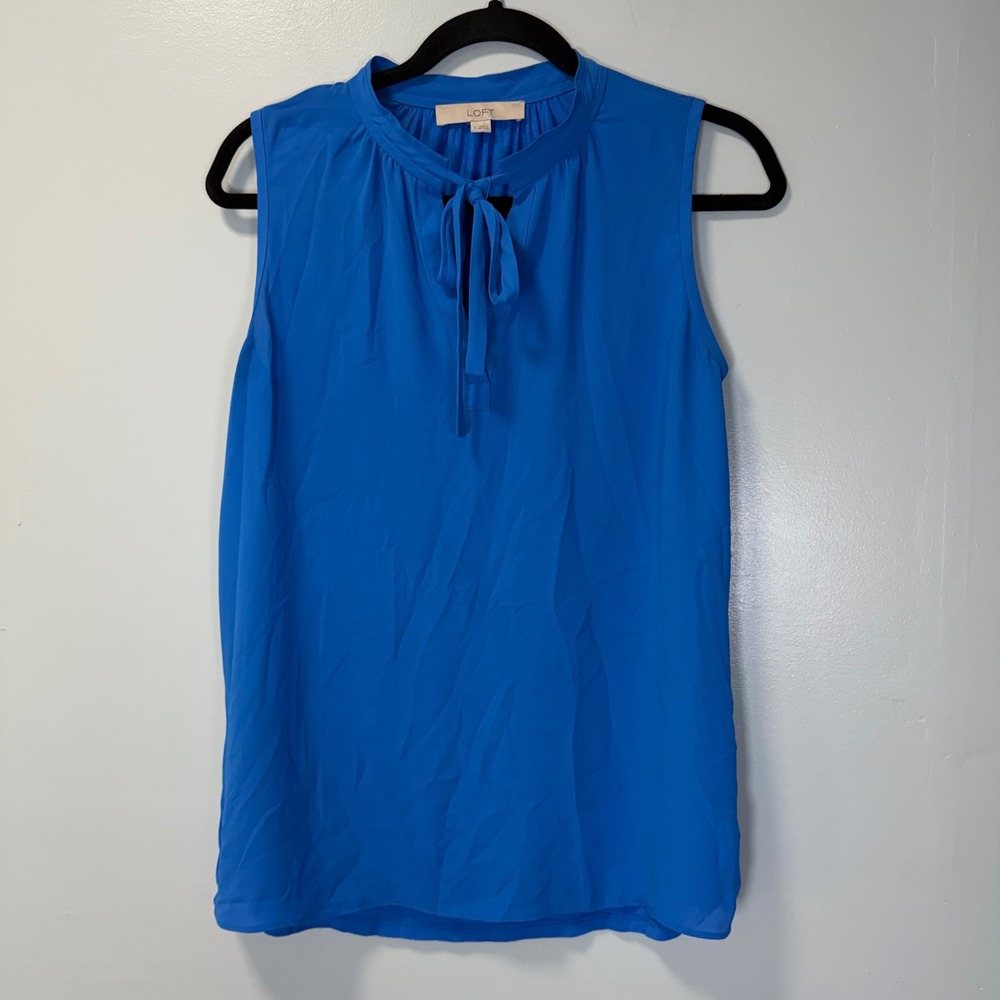 LOFT Blue Sleeveless Tie Neck Blouse Mixed Media Tank Top Small
